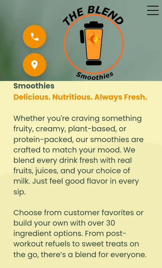 The Blend Smoothies menu page on a phone