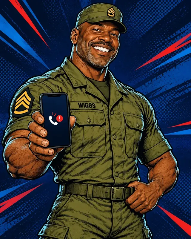 Staff Sergeant Wiggs in uniform holding up a phone with a missed call